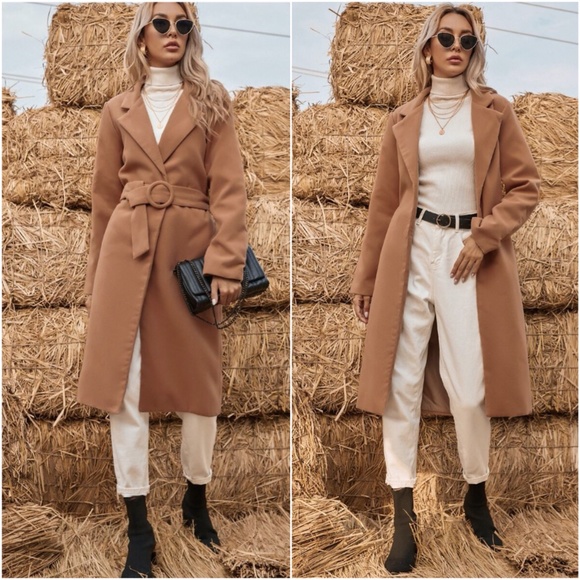 Jackets & Blazers - Camel tan belted trench pea coat pocket classic